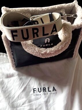 Furla  Black-Leather Tote with Cream Sherpa Trim and Branded Strap $274 retail